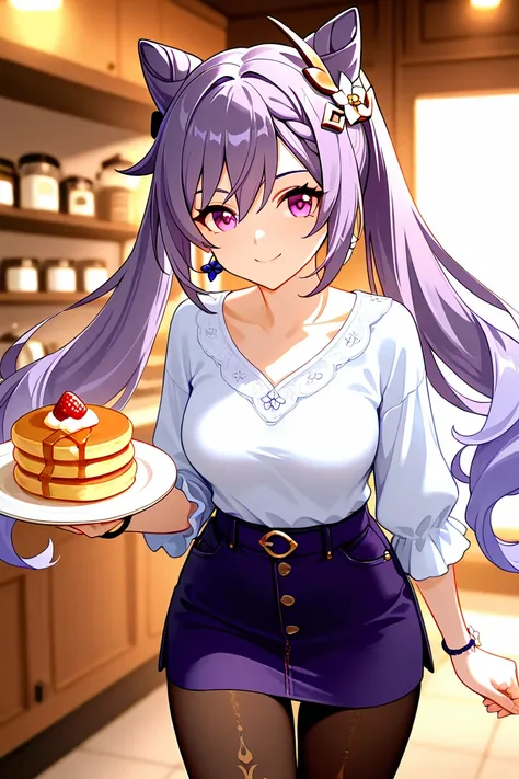 8k,masterpiece, best quality, ultra detailed, high resolution, super fine illustration,Keqing (Genshin impact), 1girl, solo, smile ,purple eyes, purple hair, cone hair bun, double bun, braided bangs, long hair, medium breasts, casual fashion outfit, minisk...