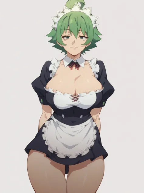 woman, mature woman, short hair, spiky hair, green hair, slanted eyes, green eyes, seductive look, slight smile, large breasts, large hips, maid outfit, cleavage, hips, thighs, looking at viewer, white background,