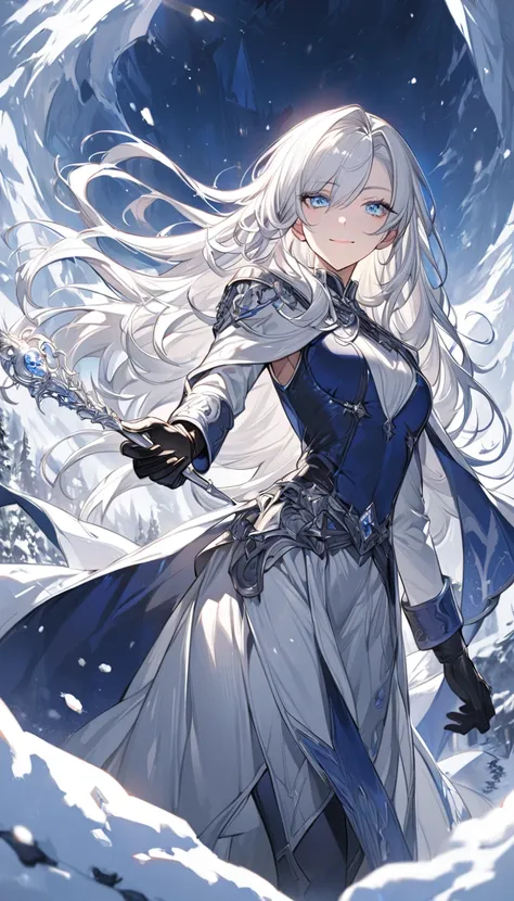 Detailed eye depiction， one woman，Duke，nice，Handsome ，beauty，grace，Slender， Silver White Long Hair， Light Blue Eyes，Delicate five-pointed detail ， exquisite eyes , gentle smile ， Dark Blue Army Uniform，cloak， black gloves ， Western fantasy， perfect human a...