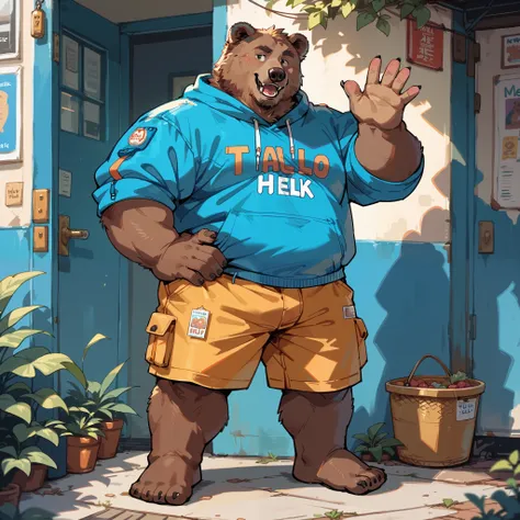 Fat chubby male bear wearing a hoodie and cargo shorts, no shoes, left hand on hip and right hand waving hello, full body frame.