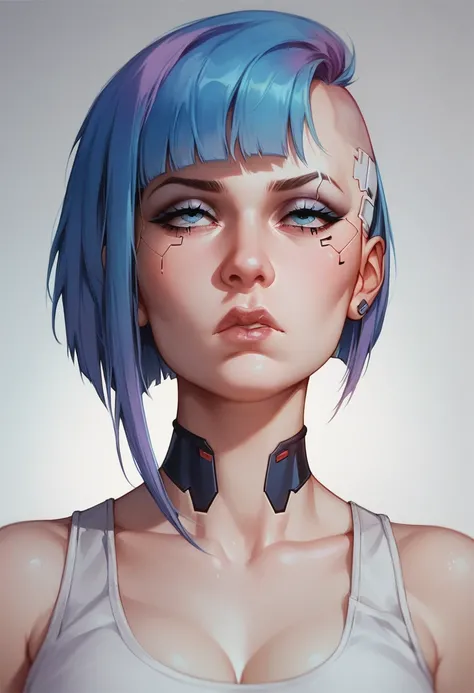  Play the Cyberpunk character LUCY in an arcade setting. a depressed sad face .