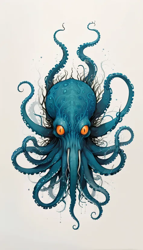 intricate kraken cephalod intense blue tones, drawing, 2d, flat, long twisted tentacles, white background, self contained, passe partout