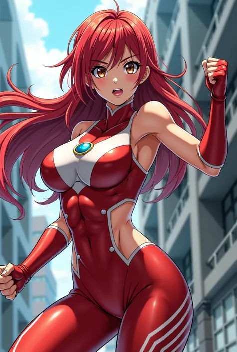 My Hero Academia Style , Anime girl, female, young female ,Full Body Shot,(fighting Pose:1.3),Long hair, Red Hair,  Brown Eyes,Hero Suit, Full Body Suit, red suit with white details,small round blue jewel in the center of the chest, perfect anatomy,  Tough...