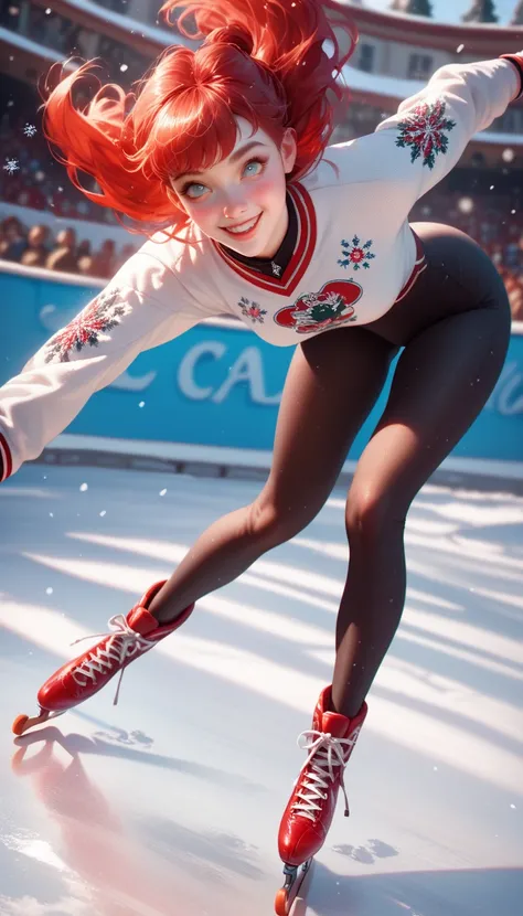  20 years, woman, thin, slender,  red hair ,  skating on ice, trusting, delicate face,  semi realistic, High resolution little bear,  snowflakes ,