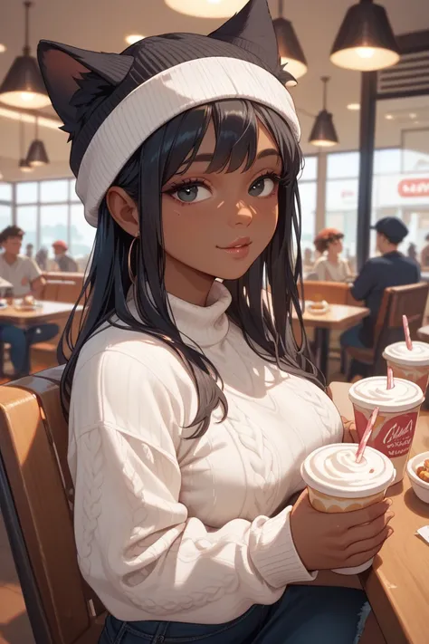 no pants, nsfw, on a date in public restaurant, dark skin, creamy white sweater, creamy white cat ear beanie, black dot eyes, black hair,