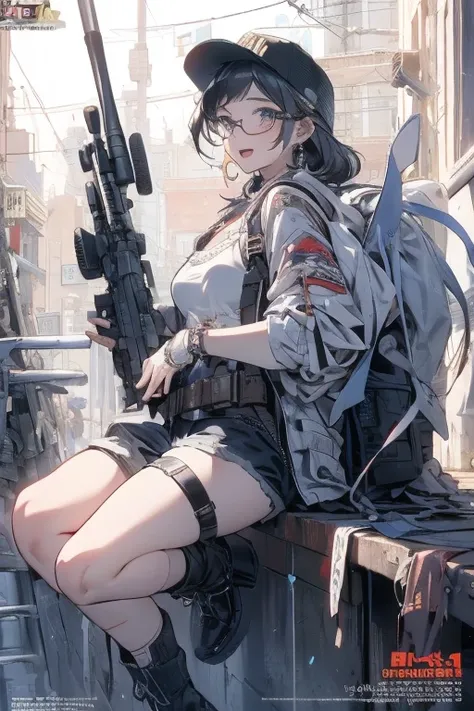 (best quality ), a girl have one rifle with her hand , Platinum color hair , The dreamer wants purplish blue eyes , medium , Lori will do it, (masterpiece:1.2, best quality ), (Beautiful detailed depiction : 1.2), ( beautiful detailed face ), ( small Breas...