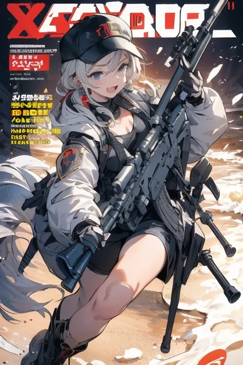 (best quality ), a girl have one rifle with her hand , Platinum color hair , The dreamer wants purplish blue eyes , medium , Lori will do it, (masterpiece:1.2, best quality ), (Beautiful detailed depiction : 1.2), ( beautiful detailed face ), ( small Breas...