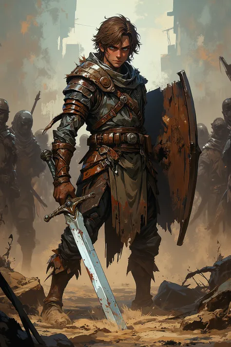 young paladin ,  young man ,  scared and angry facial expression ,  short brown hair ,  Young man , Blue eyes, shoddy leather bracelet ,  poor quality clothing ,  poor quality leather leggings ,  poor quality wooden shield ,  holds a large, damaged sword, ...