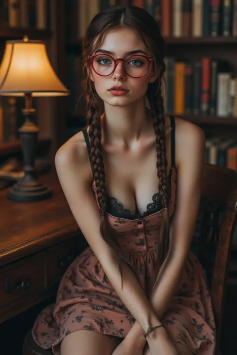 FictionalBeth a nerdy white girl in her late 20s, brown hair, twin braids, thick red rimmed glasses, grey eyes

Beth is a librarian working late nights stackung shelves. Beth is beautiful. She is wearing a conservative buttondown dress which has been undon...