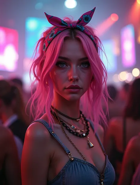 araffe woman with pink hair and a bandana standing in a crowd, festival vibes, dasha taran, a person at a music festival, style of julia razumova, anna nikonova aka newmilky, raver girl, ava max, aleksandra waliszewska, wearing a bandana and chain, she loo...