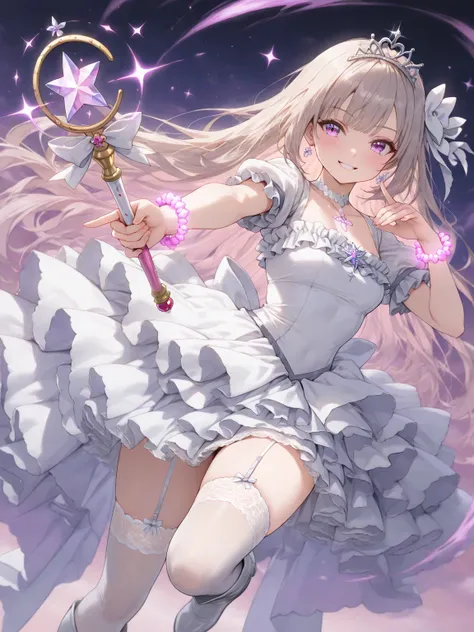 (masterpiece, best quality, ultra-detailed character, high resolution, 8k), 1girl, magical girl character in a sexy and cute dress with a frilled, layered skirt that is short enough to show off her lacy thigh-high stockings. The dress should have a low-cut...