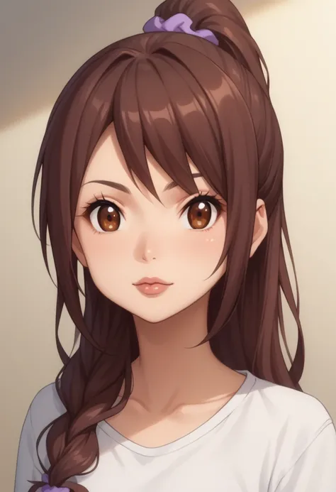  result_9,  result_8_higher,  result_7_ source rating_Anime,   highly detailed lips , 
 We , Alone,  one girl,  brown eyes, brown hair  ,   white shirt,  The long , Scrunchie ,  ,  ،ابتسامة، قميص بني  ،سترة  ،،شعر مرفوع ،brown hair مربوط 