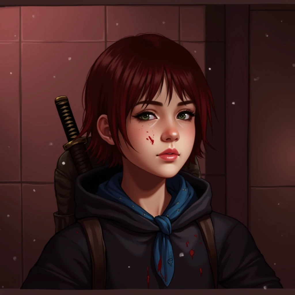  realistic illustration,  with striking details and dark atmosphere . Martha, A young woman with short hair, reddish,  around the neck ,  penetrating dark green eyes ,  wears a frayed black hoodie , marked by bloodstains .  A blue bandana stained with bloo...