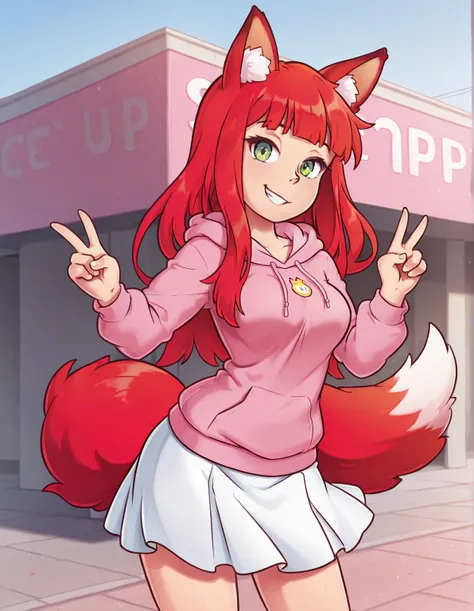 score_9, score_8_up, score_7_up, best quality, clear face, 1girl, solo, red hair, long hair, green eyes, medium breasts, outdoor, cowboy shot, looking at viewer, pink hoodie, white skirt, smile, fox ears, fox tail, peace sign 