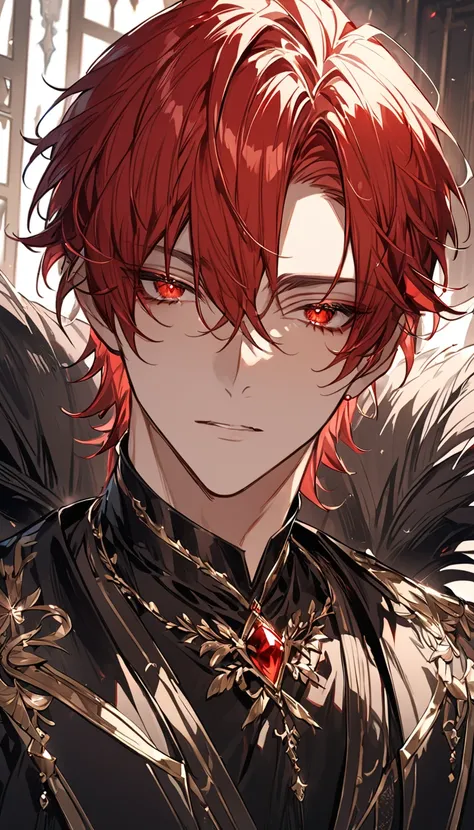 Detailed eye depiction，A male，calm，Calm，knight，nice，Handsome， Handsome， Red Short Hair ， Fresh Red Eyes，Delicate five-pointed detail ， exquisite eyes ,  Sharp Eyes ， Black Western-style clothing ， With gold decoration on clothes， Western fantasy， perfect h...