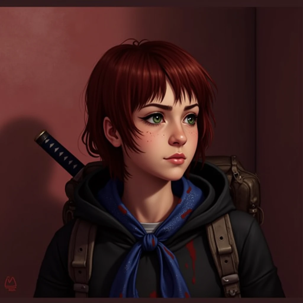  realistic illustration,  with striking details and dark atmosphere . Martha, A young woman with short hair, reddish,  around the neck ,  penetrating dark green eyes ,  wears a frayed black hoodie , marked by bloodstains .  A blue bandana stained with bloo...