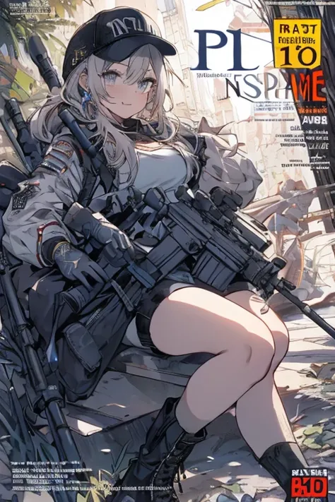 (best quality ), a girl have one rifle with her hand , Platinum color hair , The dreamer wants purplish blue eyes , medium , Lori will do it, (masterpiece:1.2, best quality ), (Beautiful detailed depiction : 1.2), ( beautiful detailed face ), ( small Breas...