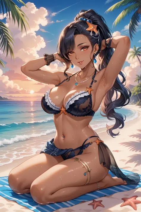 A sexy woman wearing shell bra in beach on the bank of the ocean, shy innocent expression, blushing, wearing rings, navel piercing, bellybutton piercing, looking at viewer cutely, wearing a bikini made from shell, fish ears, hair accessories, beautiful hai...