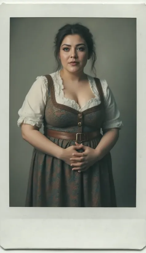A thick curvy plus size medieval busty white hot girl in dirndls showing her curvy body, Polaroid photo, Simple background