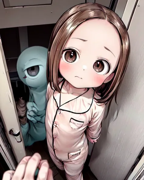 (masterpiece,best quality,ultra_detailed,highres,absurdres, dimly lit:1.2),
(scared to sleep alone:1.4), 
(front above view of chii being chased by ghosts looking up standing with arms behind her back in an open doorway at night:1.8),
(dark room with evil ...