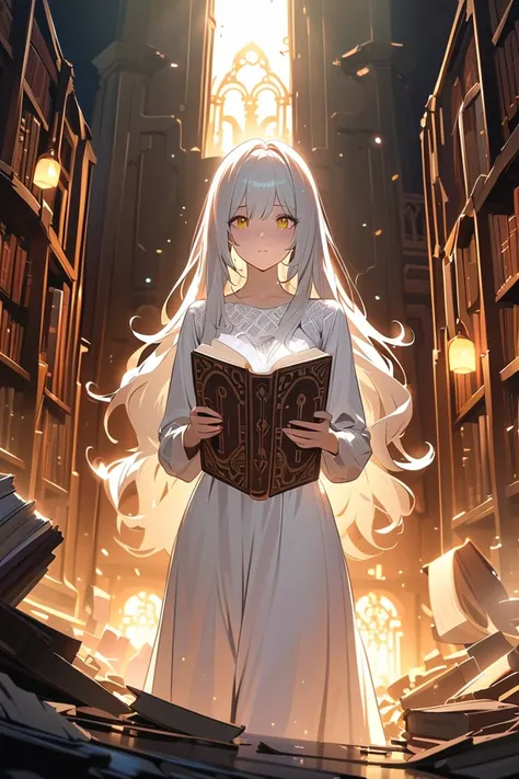 1 girl, (cute face), golden eyes, silvery white hair, shoulder length hair, (flat expression), medium breasts, slim, (wearing a long white dress with intricate patterns), knee length, (fair skin), short, BREAK Haunted ruins, eerie mist, ghostly figure floa...