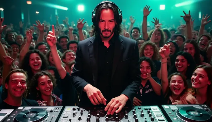 Keanu Reeves matrix is dj with wirelesse headphone, front view surrounded by lots of excited people.