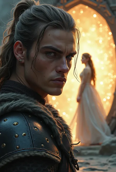 A head young male warrior with long hair, Nordic type close-up + a woman in a long dress leaves, high hairstyle, portal in the background, fantasy art,