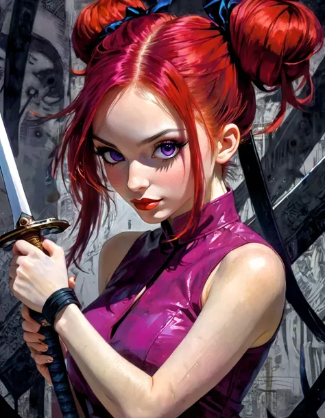 Anime girl holding two swords and wearing a magenta dress, 1 girl, sword, weapon, single, purple eyes, smile, long hair, holding a sword, red hair, bun, looking at viewer, holding a weapon, holding, sketch on black and white style, art inspired by Bill Sie...