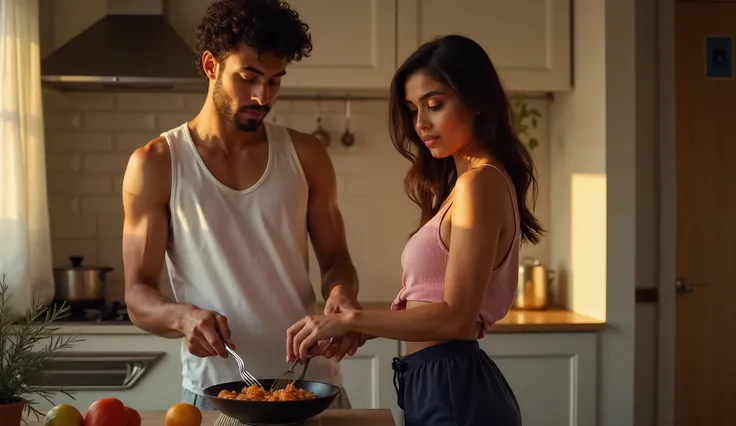 A couple, around 18 years old, from India, cooking together in a kitchen, the girl is wearing black shorts and camisole top in oink color, she has brown straight hair shoulder length, the guy is wearing white vest and blue pyjama. The guy has black curly h...