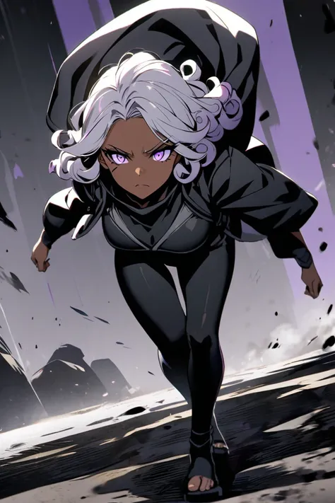  adult female with tan skin. medium length white curly hair. with bright purple eyes. dark eyeliner serious facial expression wearing a black ninja outfit with hoodie. with an anbu vest over it. walking forward. the background is a battleground