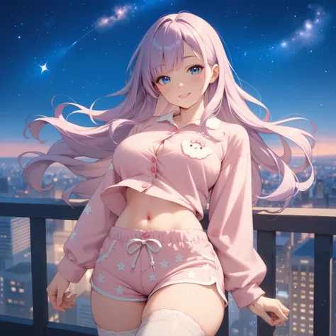 1 girl, star \(sky\), belly button, starry sky, night, solo, night sky, looking at viewer, breasts, purple hair with blue tips, beige hair, hair blowing in the wind, stockings, pajamas, long hair, pink hosiery, sky, long sleeves, pink shirt, blush, beautif...