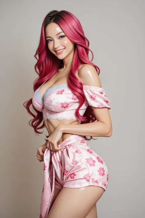 8K quality、 best quality、masterpiece、  wearing a pink short sleeve crop top and jeans shorts super high definition 、 more details、Ultra-realistic hair、 vibrant colors、 beautiful woman、  beautiful long hair  、 shiny hair、 detailed hair 、Blue Mesh、poneyTail、...