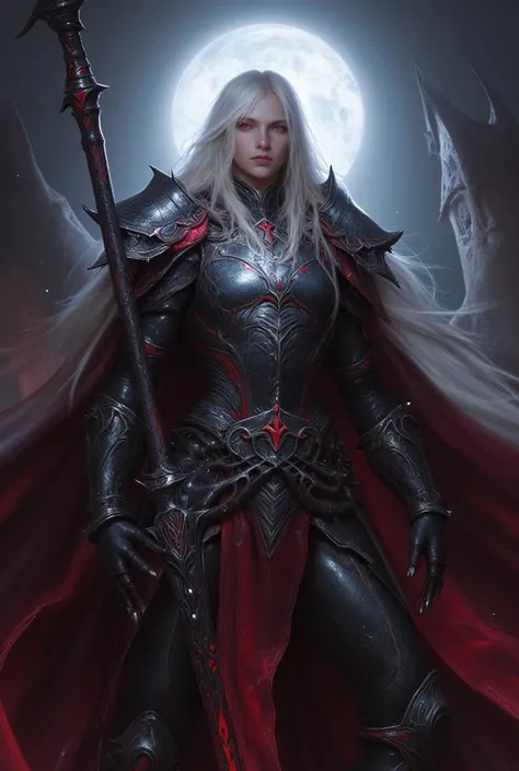 Everquest evil elf ,white eyebrows, eyelashes, curved mouth expression, smooth skin, long luscious platinum blonde hair, long detailed facialhair, full detailed body, detailed black red white Warrior Necromancer armor, fantasy two handed claymore, fantasy ...