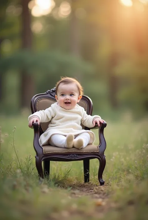 there is a baby sitting in a chair in a field, portrait photography, portrait image, cute photo, portrait shot, marvelous expression, outdoor fine photography, photo taken with nikon d750, photo taken with nikon d 7 5 0, candid portrait photo, modeling pho...