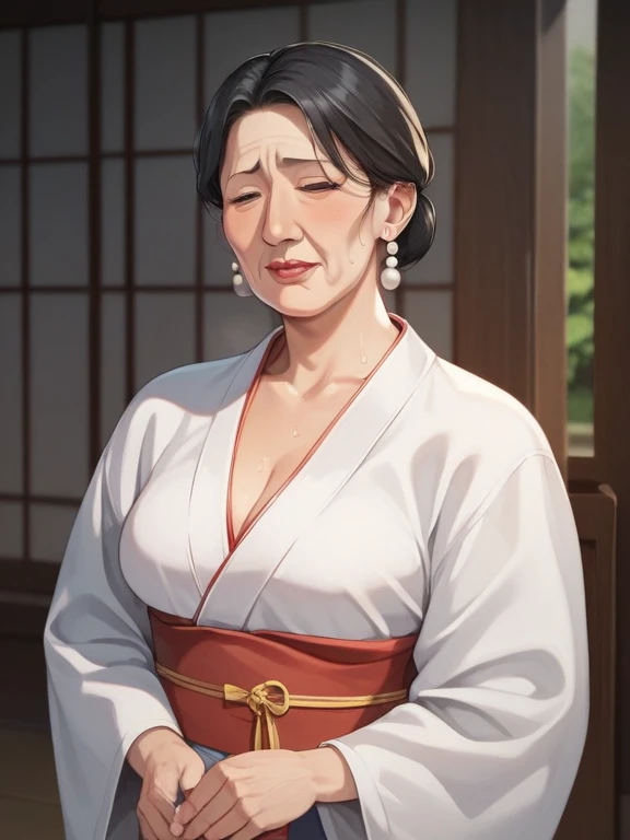  score_9,  score_8_  up,  score_7_  up,  score_6_  up,  source_Anime, nsfw，  uncensored，quality_Masterpiece,  anatomically accurate，female 1 person, Chest, Alone, Gilf、 grandmother 、  kimono,  black hair, sweat, Priest,  similarly , Viewers&#39; viewing , ...