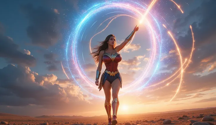 "Wonder Woman stands in a vast, open landscape, her figure framed by the dramatic sky above. She throws her glowing golden lasso high into the air, and as the lasso arcs toward the heavens, a brilliant, swirling portal opens in the sky, glowing with intens...