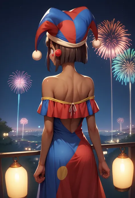 Score _9, Score _8_climb, Score _7_climb, Score _6_climb, Take a break from behind ,Kimmono ,Off shoulder dress, Bare Shoulder , Night Sky ,fireworks, looking at the audience ,Remember , Dark skin, Blush Sticker,  Jester hat, take off your shirt, big boobs