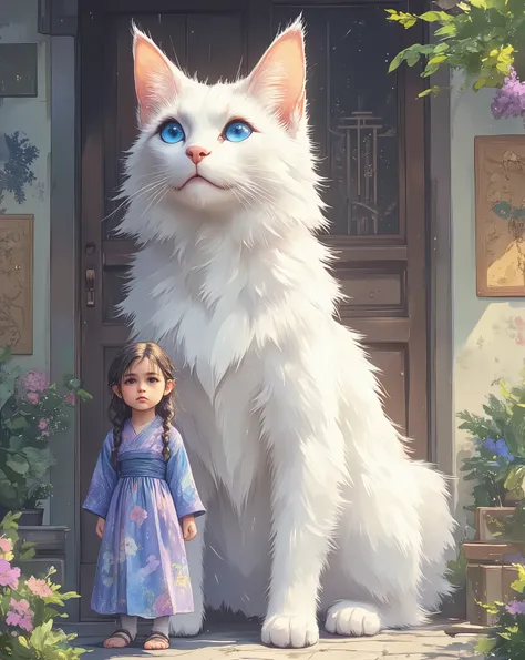 The image shows a very large, fluffy white cat with striking blue eyes. The cat appears to be almost as tall as the young girl standing next to it, who is wearing a traditional Japanese-style dress. The girl has dark hair in braids and a serious expression...