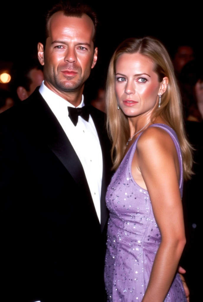 Bruce Willis and Rosie Huntington Whiteley, black suit, gentleman, billionaire, rich man, beautiful girl, blonde girl, blue eyes, long hair, shiny light violet dress, diamond dress, party, night, light, celebrate, famous, celebrity, celebrate 