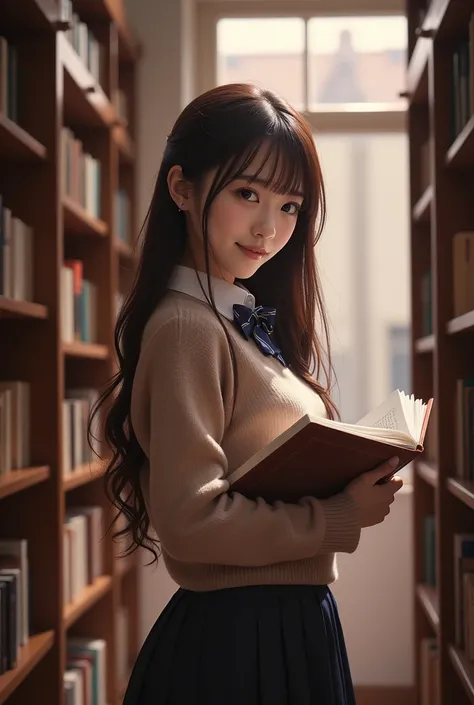  Ultra-realistic , Realistic, Dramatic Scene , shadow, Full-area lighting,  solo , (  Aura University Sister ），in the library，wearing a sweater， holding a book ，A-Skirt ， Looking back at you ， Loving eyes ， gentle smile 。 with a net ， Long Hair Shawl ，The ...