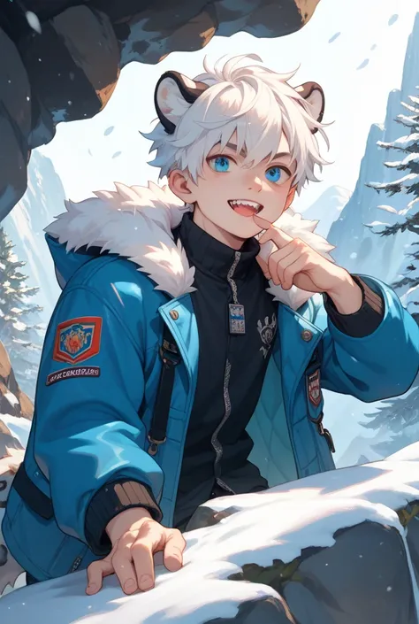 A young man with pale skin and tall stature, Shoulder-length white hair, with features of a winter leopard with ears, tail and pointed teeth, with blue eyes, wearing only one jacket, in a rocky area.