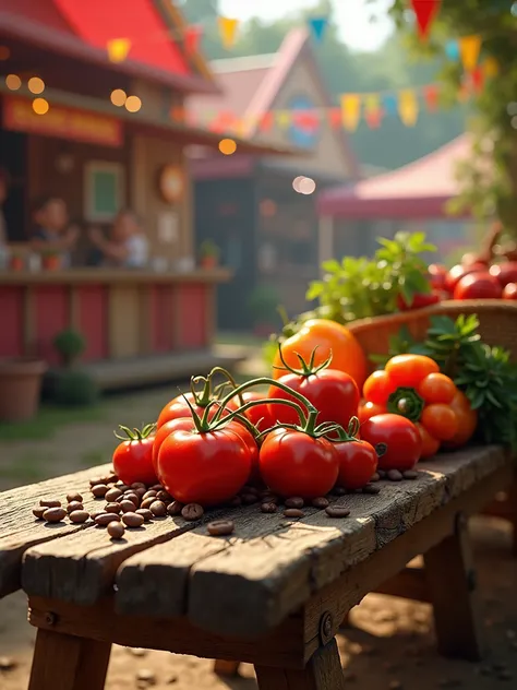 a wooden bench, with tomatoes, peppers, coffee beans, with a  theme, Carnival