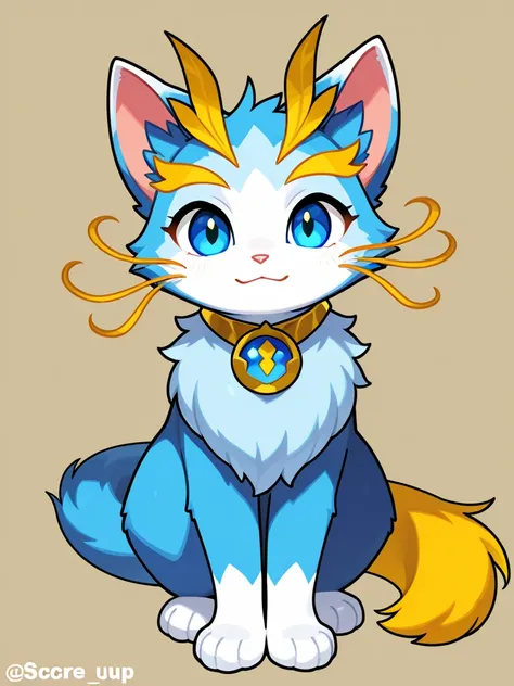  yuumi-default, rating_safe, solo, Yuumi, cat, feline, blue fur, golden whiskers, blue eyes ,cute, pink nose,, looking at viewer, blue fur, chest tuft, yellow whiskers, blonde eyebrows, headgear, necklace, yellow tail tip