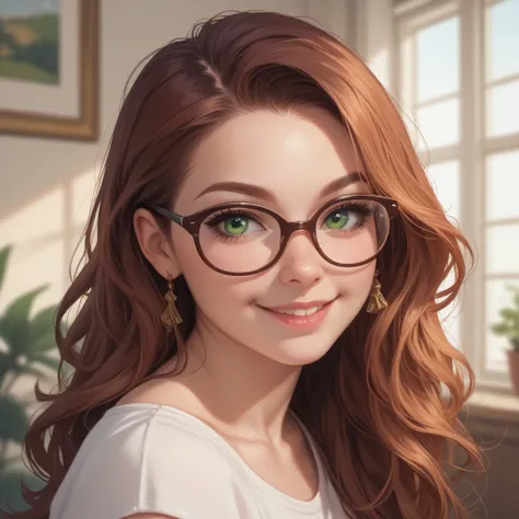 1girl, Long Hair, Looking at viewer, green eyes, Light Smile, glasses, Realism, nerdy looks