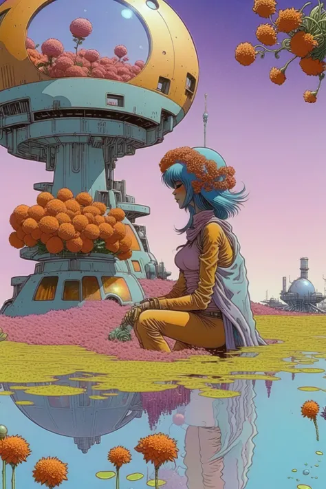 Moebius (Jean Giraud) Style - A picture by Jean Giraud Moebius, the picture shows a bouqet of floating flowers, drawing, industrial backdrop in Moebius' signature style with sharp detailing and vibrant colors. Captured with a Panavision Panaflex Gold II an...