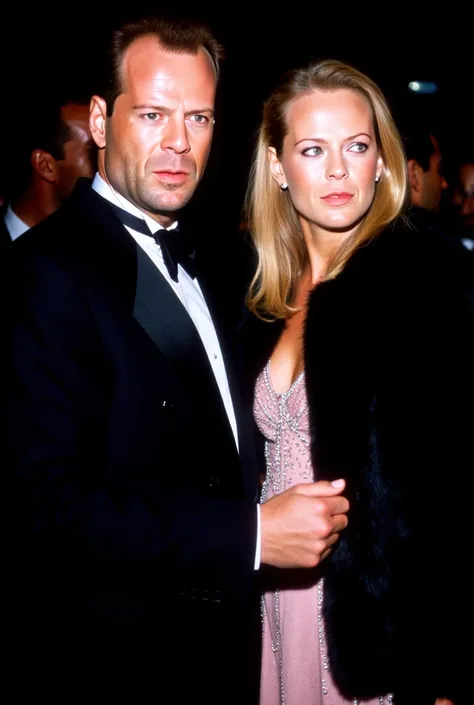 Bruce Willis and Rosie Huntington Whiteley, black suit, gentleman, billionaire, rich man, beautiful girl, blonde girl, blue eyes, long hair, shiny light pink dress, diamond dress, party, night, light, celebrate, famous, celebrity, celebrate, couple, rich c...