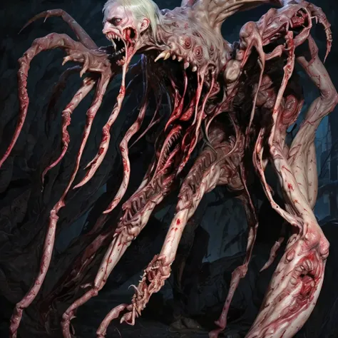 human transforming, sharp_teeth, bifurcated jaw, blood from mouth, long tongue, sharp claws, arthropod limbs, exposed bone, tentacles, blood stain, deformed, creature, monster, aliens, body horror, down jacket, solo, horror, outdoors, night,  The Thing, te...