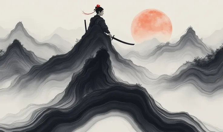 japanese woman, maiko, shimada, black dragon kimono, black shikomizue blade, snowy mountain, lake, dusk