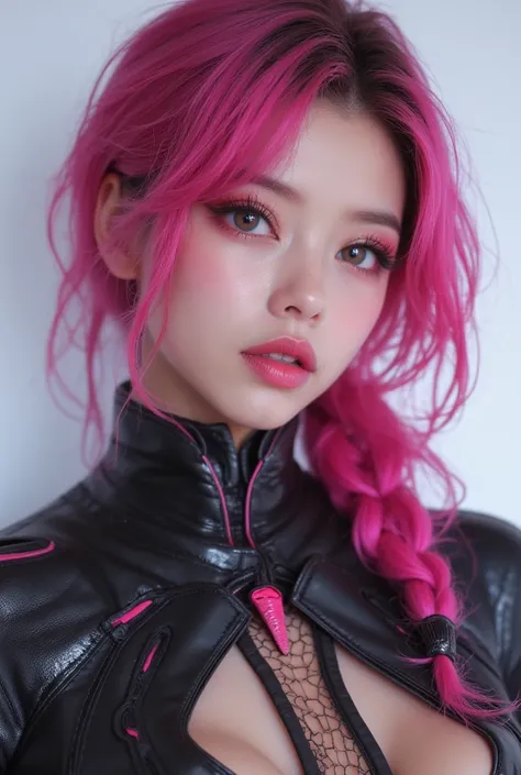 SFW, there is a woman covered in techwear cloths, gamer girl with  braid and pink hair, ig model | artgerm, korean girl, (Best Quality, 8k, 32k, Masterpiece, UHD:1.3), (Photo of Attractive Japanese Woman), 1 Girl, ((Big Boobs:1.4)),  Abs, Perfect Body, Ult...