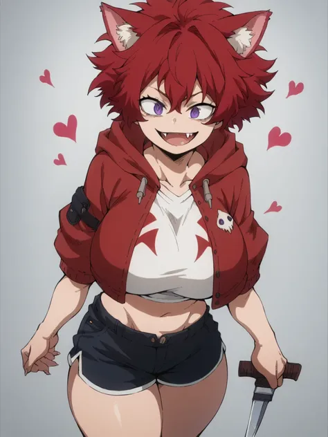  NSFW Cat ears anime girl with huge breasts huge ass red hair purple eyes with hearts. With saw-teeth and fangs excited wicked smile red coat hooded on white cropped top black shorts 